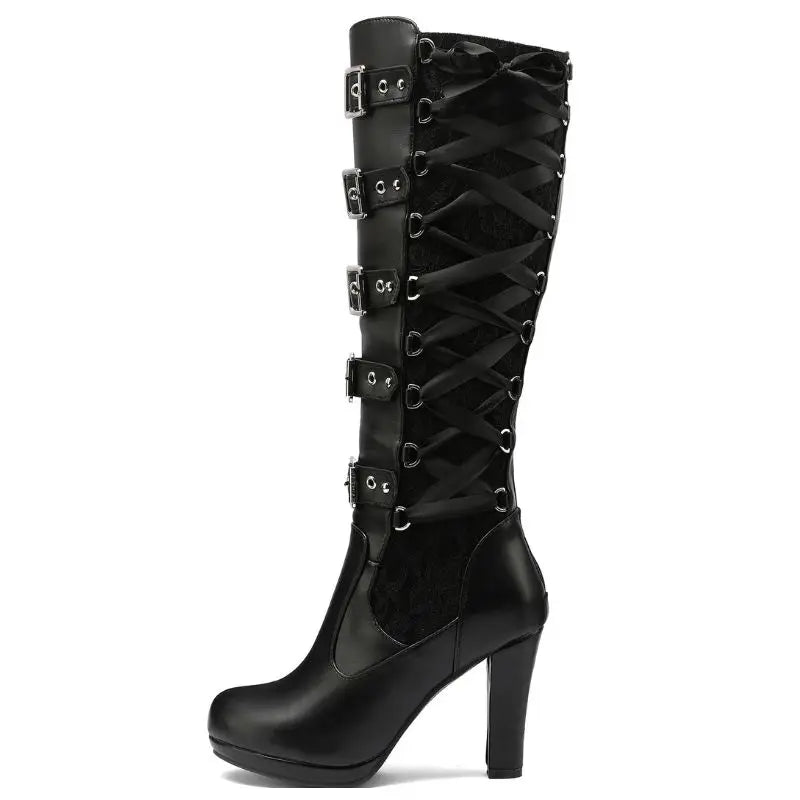 Vintage Gothic Knee High Boots for Women Sexy Lace Bow Chunky Kitten Heel Back Zipper Party Club Cosplay Shoes