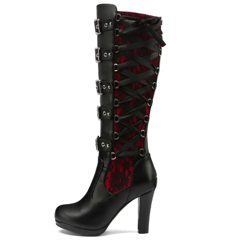 Vintage Gothic Knee High Boots for Women Sexy Lace Bow Chunky Kitten Heel Back Zipper Party Club Cosplay Shoes