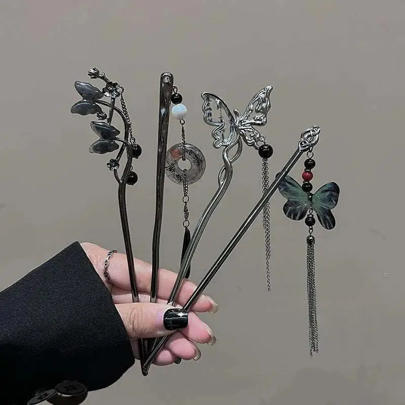 2026 New Chinese Style Butterfly Flower Tassel Hair Stick for Women Vintage Metal Hanfu Chopstick Hair Sticks Hair Accessories