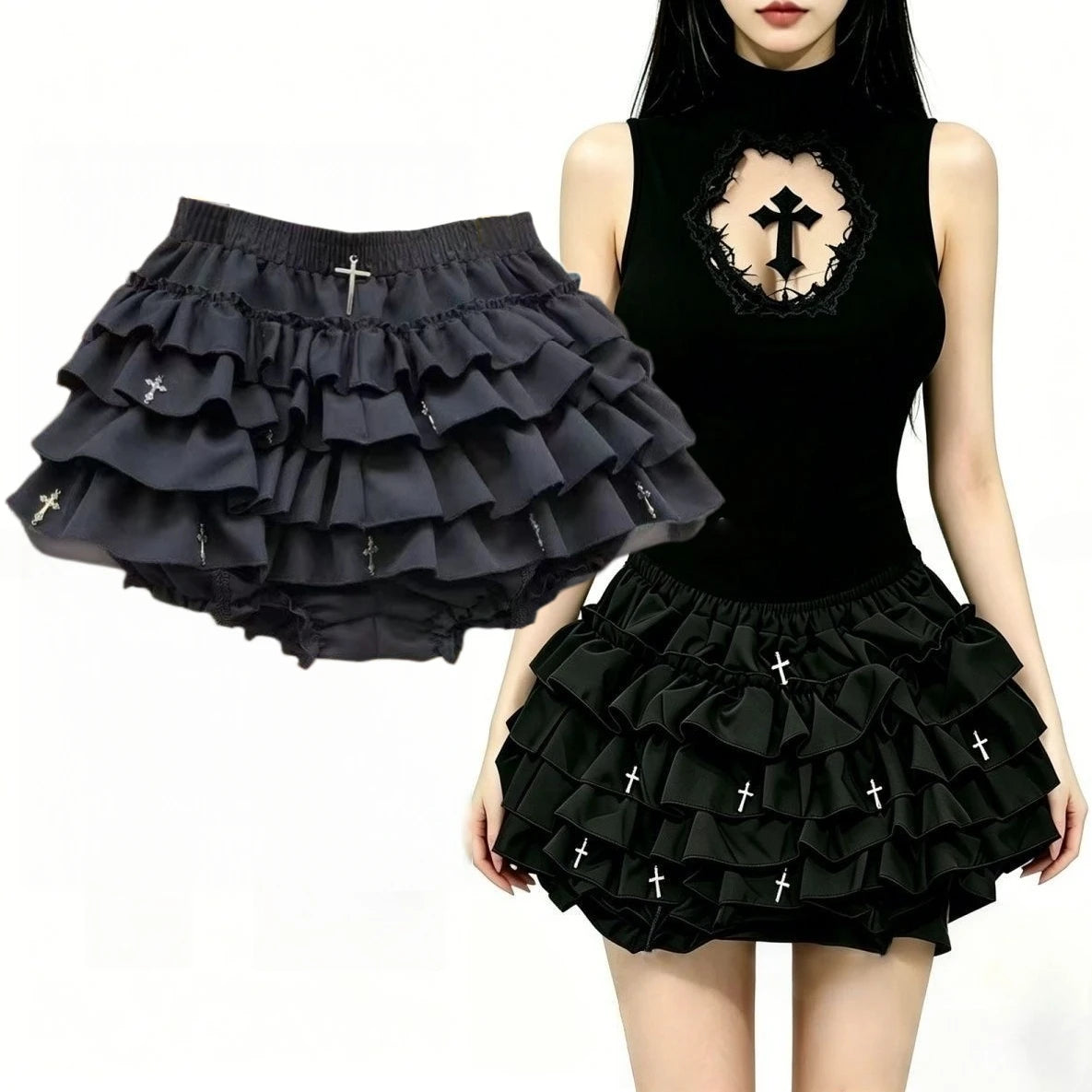 Women Skirts Tiered Ruffles Mini Skirt Cross Charms Built-in Shorts Kawaii Japanese Skort Gothic Punk Y2K Girl Harajuku 90s Sexy