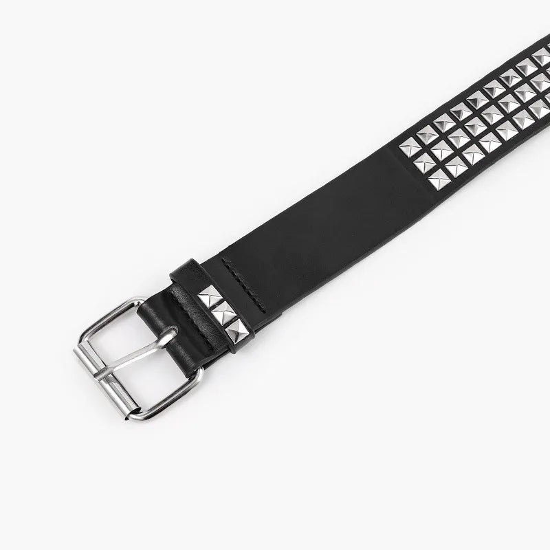 Fashionable Punk European American Pyramid and Square Bead Studded Leather Belt Trendy Niche Women’s Pin-Buckle Belts