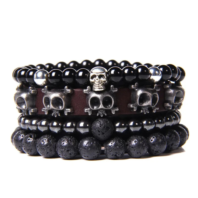 Men Stone Bracelet Set Multi-layer Black Volcanic Wood Beads Elastic Bracelet Viking Homme Pulsera Hombre Hip-Hop Punk Jewelry