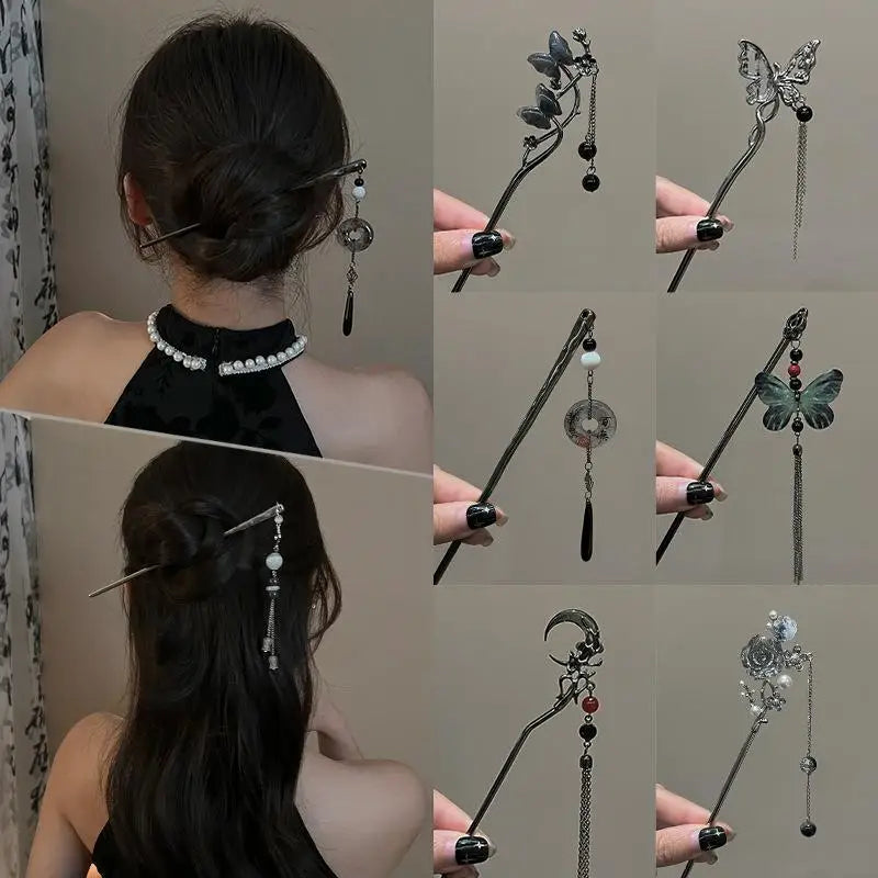 2026 New Chinese Style Butterfly Flower Tassel Hair Stick for Women Vintage Metal Hanfu Chopstick Hair Sticks Hair Accessories