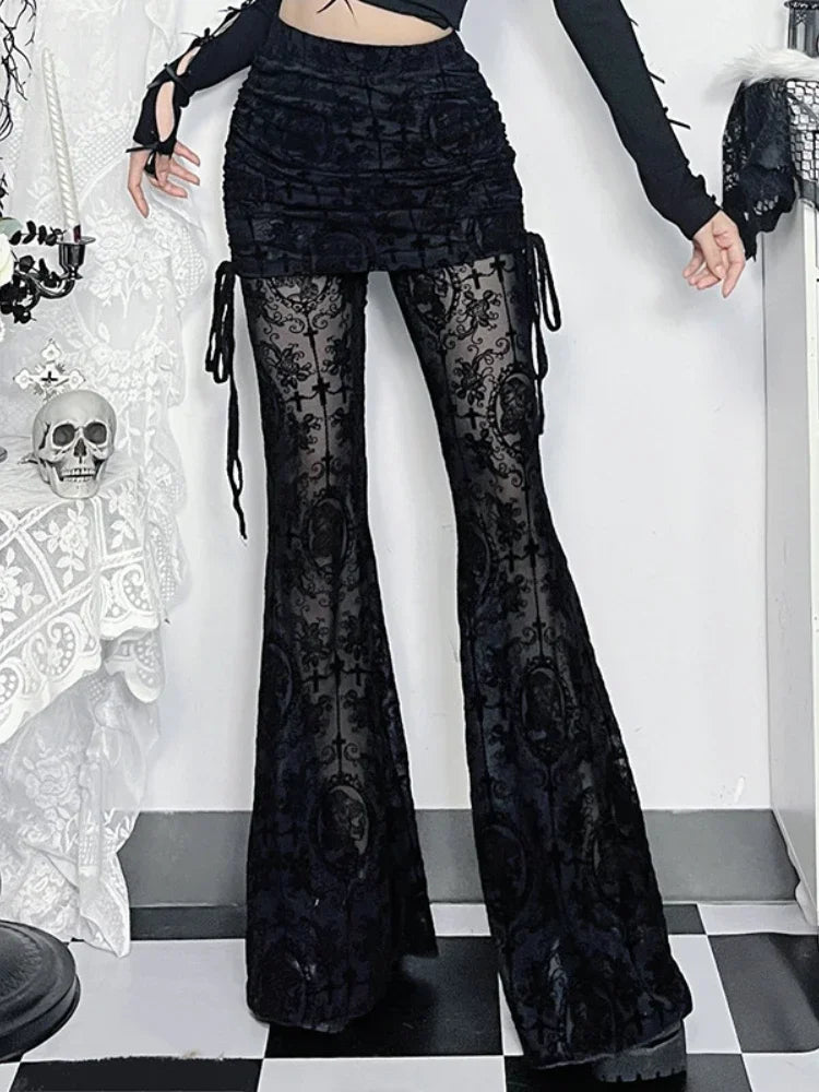 Gothic Dark Flocking Pants Women Streetwear Aesthetic Emo Alt Grunge See Through Lace-up High Waist Flare Pants Female