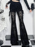 Gothic Dark Flocking Pants Women Streetwear Aesthetic Emo Alt Grunge See Through Lace-up High Waist Flare Pants Female