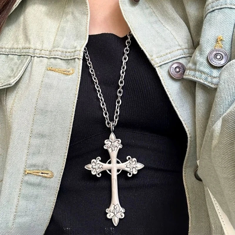 Fashion Punk Gothic Rose Cross Pendants Necklace for Women Silver Cross Choker Y2k Hip Hop Necklace Sweater Chain Gifts