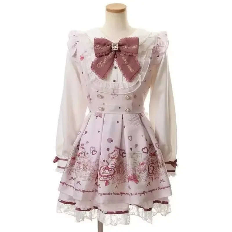 Y2k Aesthetic Lolita Style Bow Dress Shorts Set Japanese Women Gothic Lace Flare Sleeve Button Shirt Dress Punk Party Mini Dress