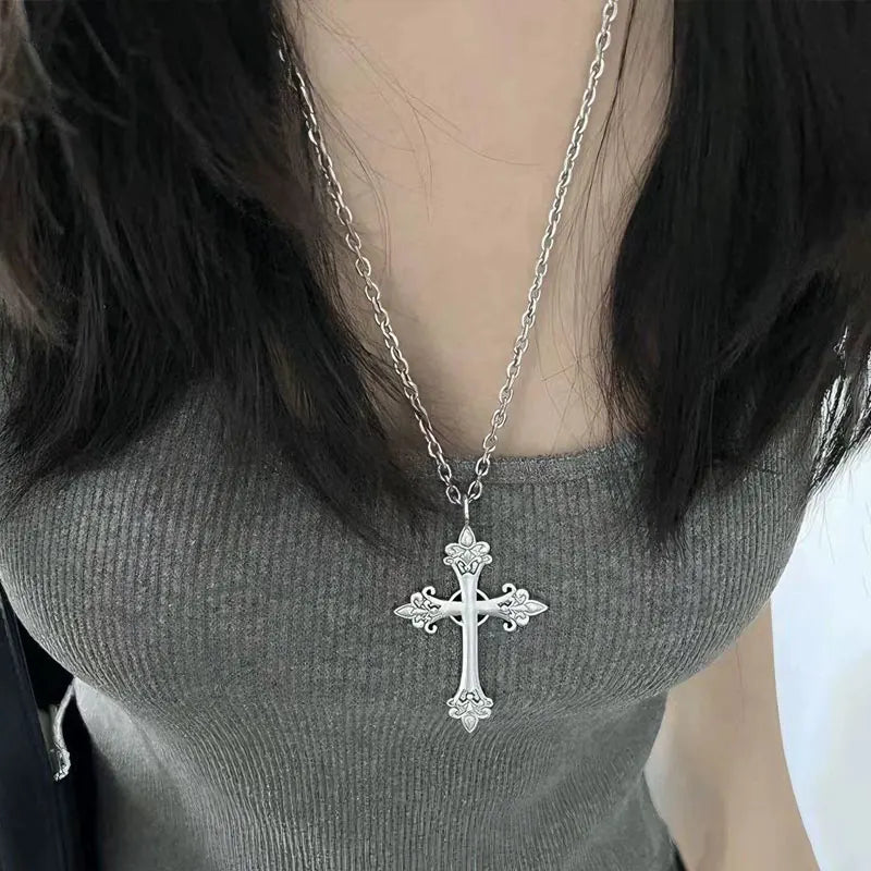 Fashion Punk Gothic Rose Cross Pendants Necklace for Women Silver Cross Choker Y2k Hip Hop Necklace Sweater Chain Gifts