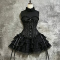Japanese E-girl Gothic Vintage Dress Women Half High Neck Short Sleeve Bow Lace Mini Dress Cinch Waist Sweet Spicy Black Dress