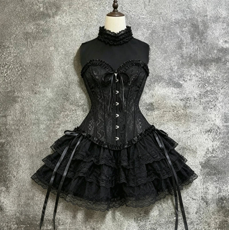Japanese E-girl Gothic Vintage Dress Women Half High Neck Short Sleeve Bow Lace Mini Dress Cinch Waist Sweet Spicy Black Dress