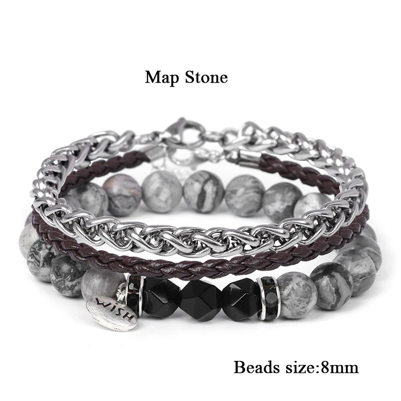 Men Stone Bracelet Set Multi-layer Black Volcanic Wood Beads Elastic Bracelet Viking Homme Pulsera Hombre Hip-Hop Punk Jewelry