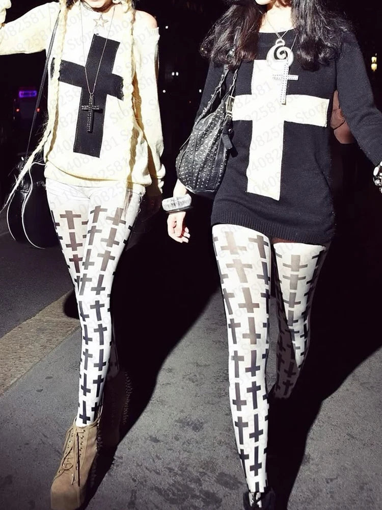 2000s aesthetic punk classic cross print women's jumpsuit sweet Kawaii slim fit Y2K style socks Lolita thigh high socks Emo girl