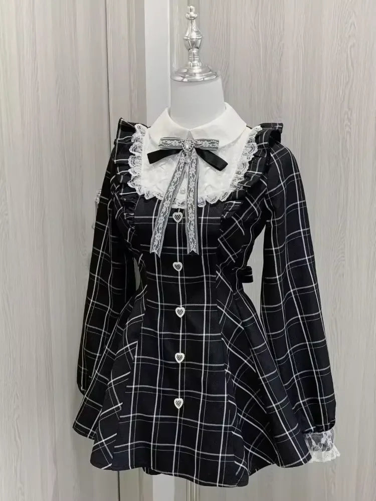 Japanese E-girl Gothic Vintage Dress Women Half High Neck Short Sleeve Bow Lace Mini Dress Cinch Waist Sweet Spicy Black Dress