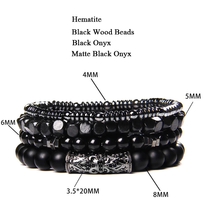 Men Stone Bracelet Set Multi-layer Black Volcanic Wood Beads Elastic Bracelet Viking Homme Pulsera Hombre Hip-Hop Punk Jewelry