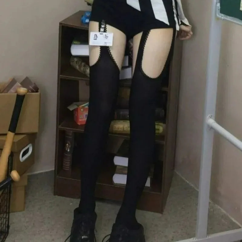 Women Suspender Wide-banded Velvet Tights Lolita Thin Thigh High Stockings with Garters Y2K JK College Style Over The Knee Socks