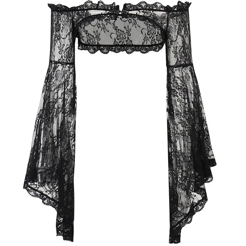 Gothic Classic Lace Cover Ups Women Mesh Crop Top See Through Sexy Flare Sleeve Blouse Y2k Black Rave Outfit Festival