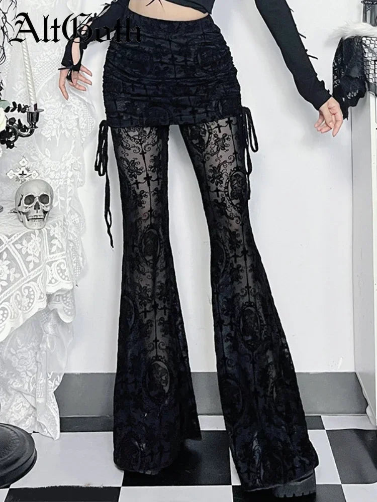 Gothic Dark Flocking Pants Women Streetwear Aesthetic Emo Alt Grunge See Through Lace-up High Waist Flare Pants Female