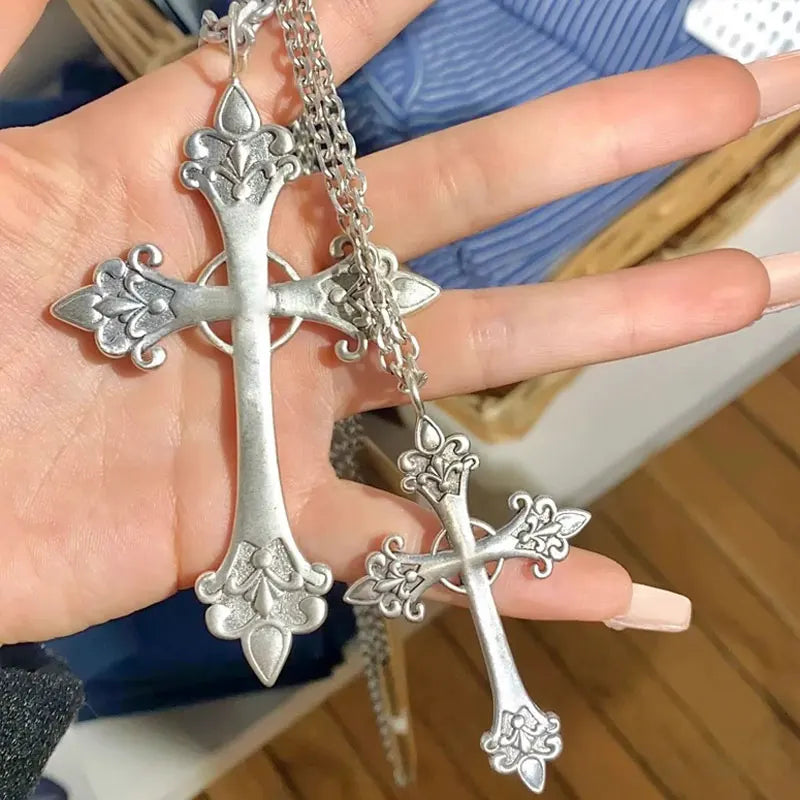 Fashion Punk Gothic Rose Cross Pendants Necklace for Women Silver Cross Choker Y2k Hip Hop Necklace Sweater Chain Gifts
