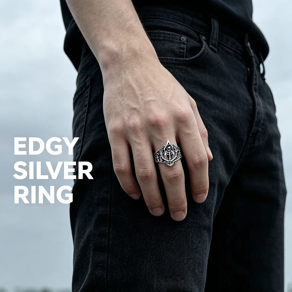 Comfort Fit Gothic Wide Band Ring, Hollow Openwork Carved Punk Biker Rings for Women Men, Retro Hip Hop Statement Jewelry, Lightweight Breathable Pattern Finger Ring Daily Gift