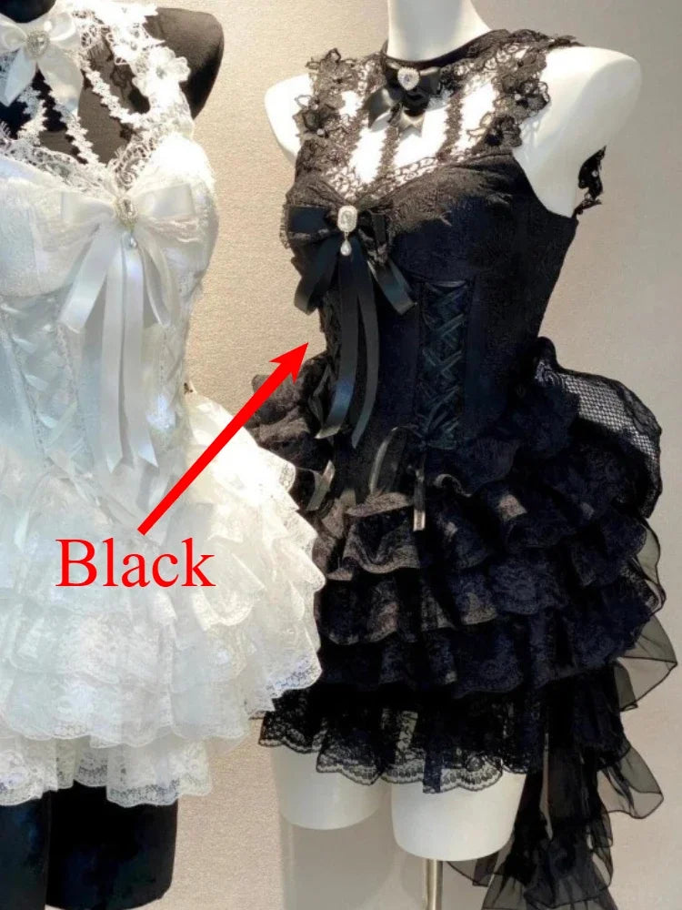 Japanese E-girl Gothic Vintage Dress Women Half High Neck Short Sleeve Bow Lace Mini Dress Cinch Waist Sweet Spicy Black Dress