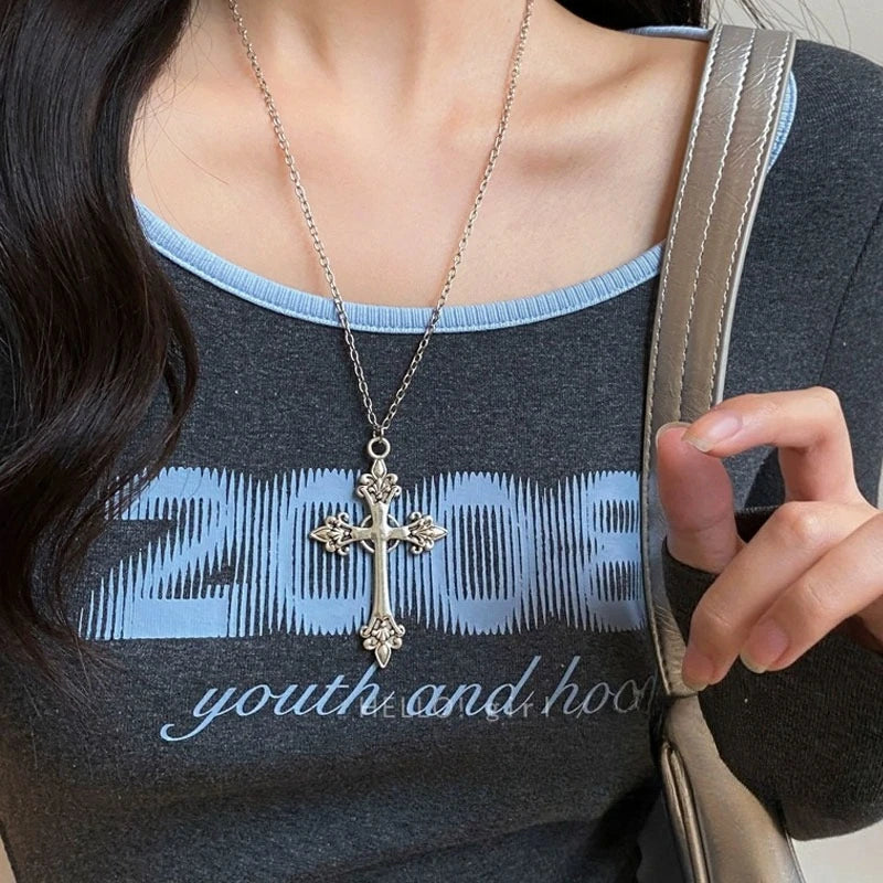 Fashion Punk Gothic Rose Cross Pendants Necklace for Women Silver Cross Choker Y2k Hip Hop Necklace Sweater Chain Gifts