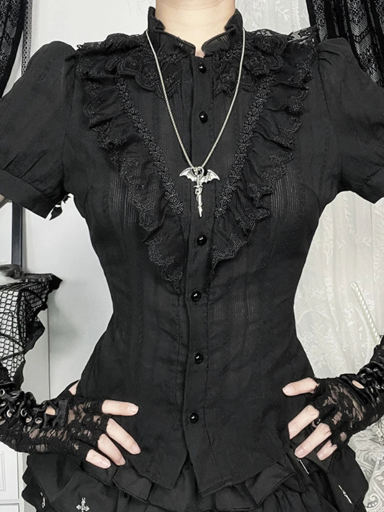 Sweet Lolita Cotton Shirts Women Vintage Gothic Black White Jacquard Short Sleeve Blouses Elegant Office Lady Y2k Tops