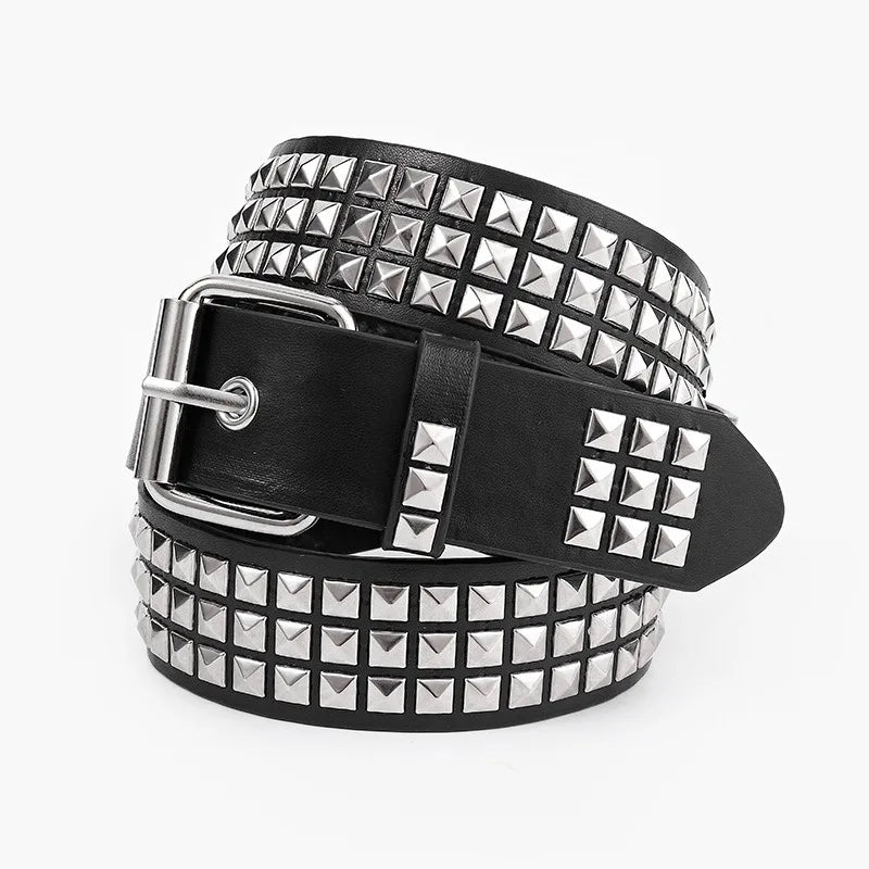 Fashionable Punk European American Pyramid and Square Bead Studded Leather Belt Trendy Niche Women’s Pin-Buckle Belts