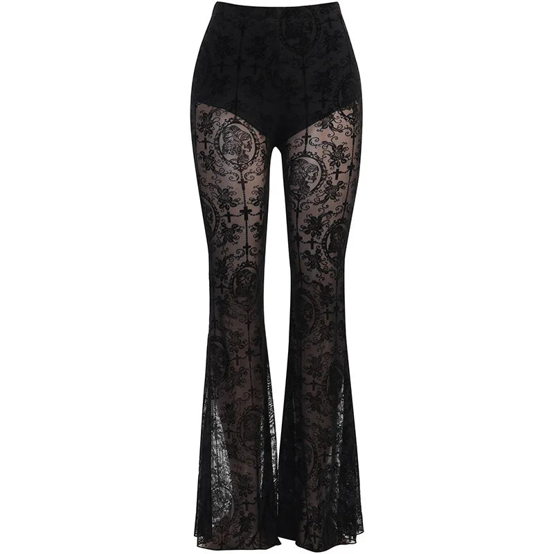 AltGoth Fairycore Grunge Gothic Pants Women Punk Sexy See Through Lace Patchwork Flare Pants Streetwear Vintage Trousers Female