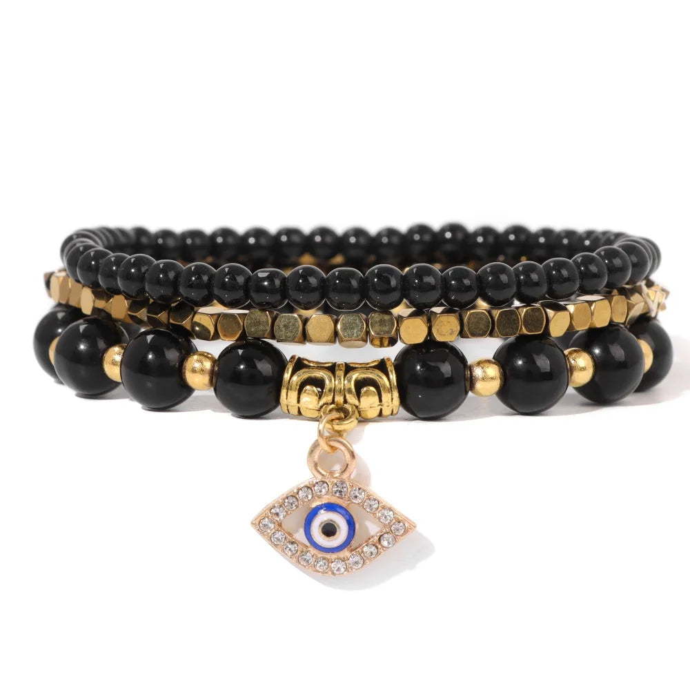 Men Stone Bracelet Set Multi-layer Black Volcanic Wood Beads Elastic Bracelet Viking Homme Pulsera Hombre Hip-Hop Punk Jewelry