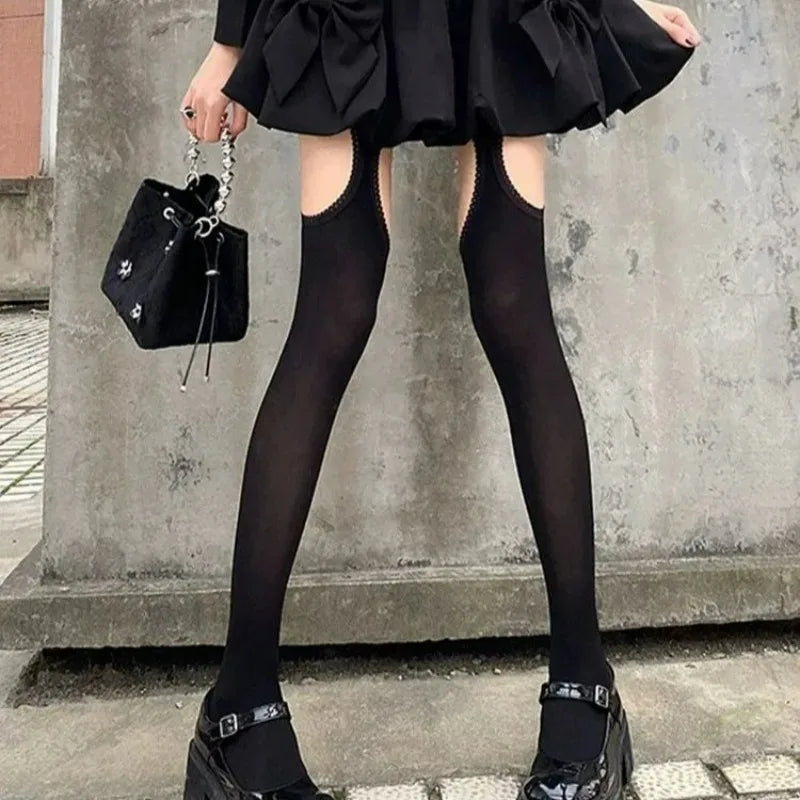 Women Suspender Wide-banded Velvet Tights Lolita Thin Thigh High Stockings with Garters Y2K JK College Style Over The Knee Socks