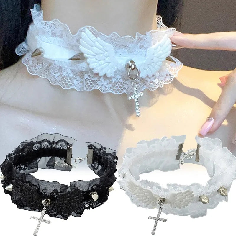 Fashion Solid Color Women Girls Necklace Wide Lace Rivets Lolita Lace Choker Y2K Angel Wings Cool Leather Necklace Daily Wear