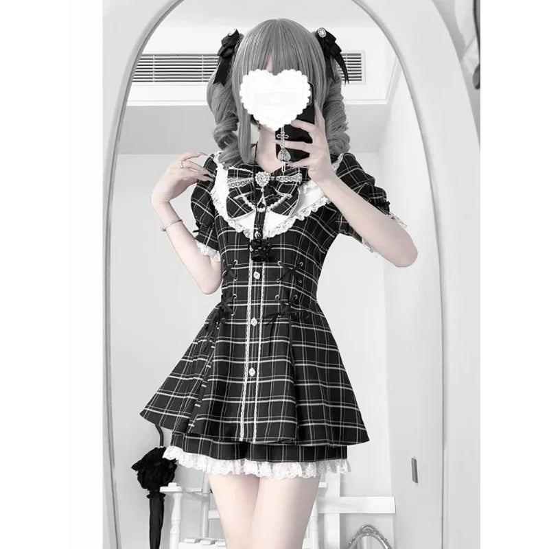 Y2k Aesthetic Lolita Style Bow Dress Shorts Set Japanese Women Gothic Lace Flare Sleeve Button Shirt Dress Punk Party Mini Dress