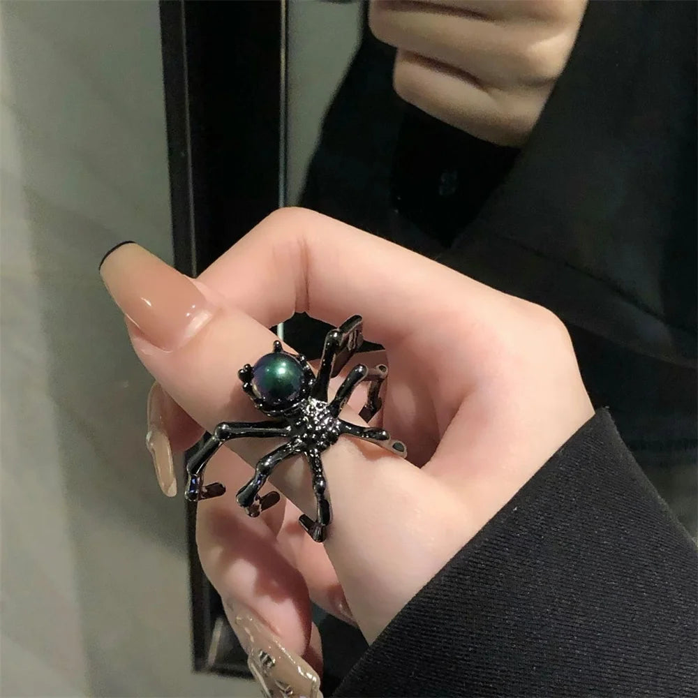 Punk Dark Spider Open Ring Retro Moonstone Black Ring For Women New Gothic Jewelry Dropshipping Wholesale Gift