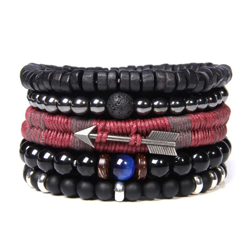 Men Stone Bracelet Set Multi-layer Black Volcanic Wood Beads Elastic Bracelet Viking Homme Pulsera Hombre Hip-Hop Punk Jewelry