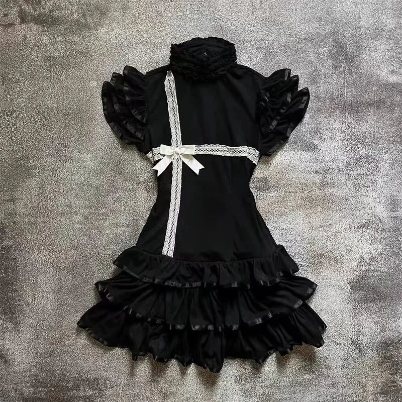 Japanese E-girl Gothic Vintage Dress Women Half High Neck Short Sleeve Bow Lace Mini Dress Cinch Waist Sweet Spicy Black Dress