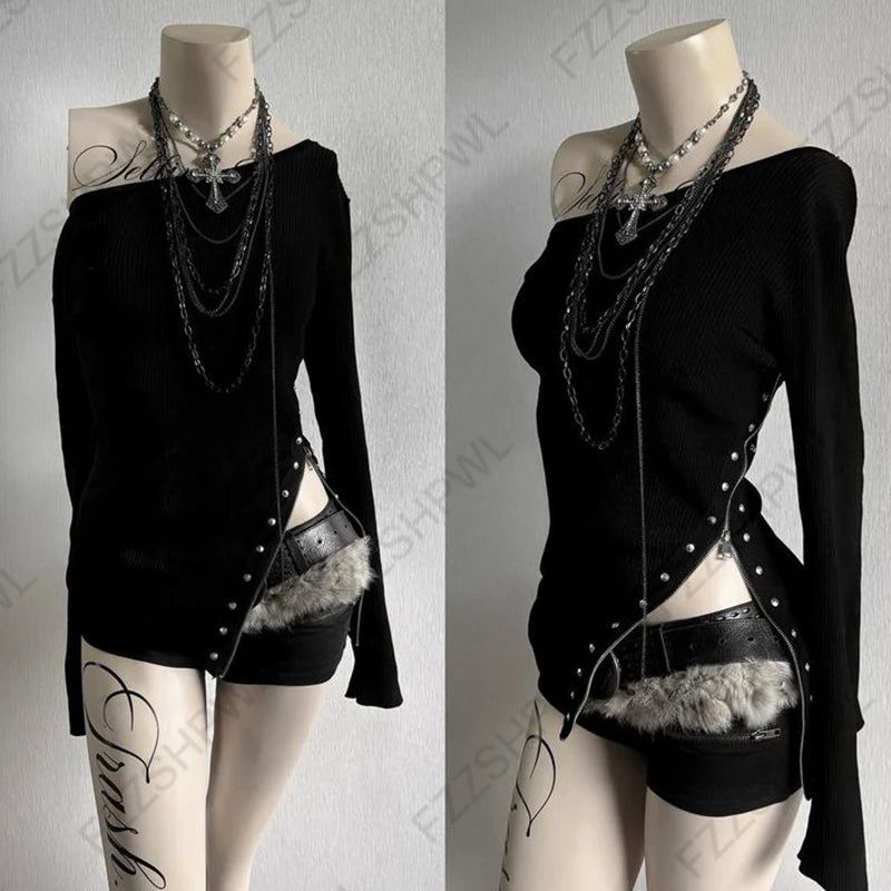 Gothic Y2K Women's Long-Sleeve T-Shirt Sexy Slim Fit Chic Slash Neck Zipper Design Crop Top Rock Punk Hip Hop Women's Streetwear