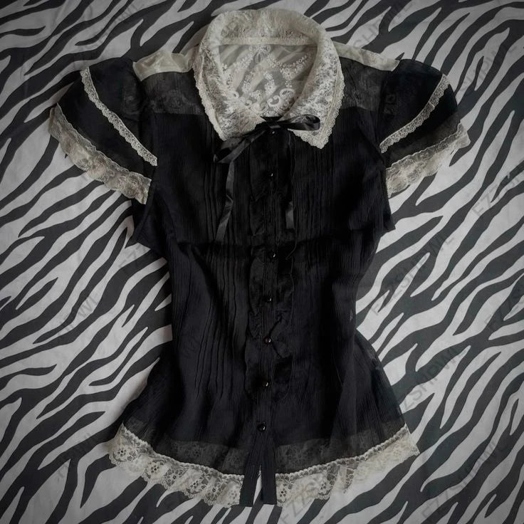 Y2K Gothic Punk subculture slim-fit short-sleeved top lace decoration streetwear high street fashion Harajuku women's clothing