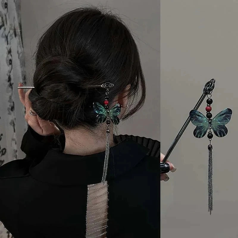 2026 New Chinese Style Butterfly Flower Tassel Hair Stick for Women Vintage Metal Hanfu Chopstick Hair Sticks Hair Accessories
