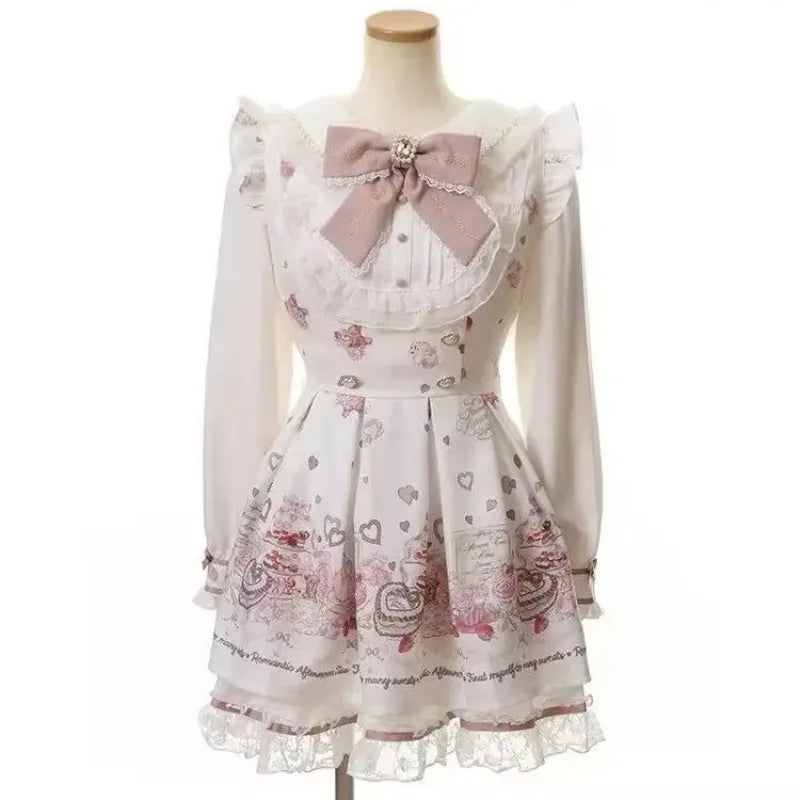 Y2k Aesthetic Lolita Style Bow Dress Shorts Set Japanese Women Gothic Lace Flare Sleeve Button Shirt Dress Punk Party Mini Dress
