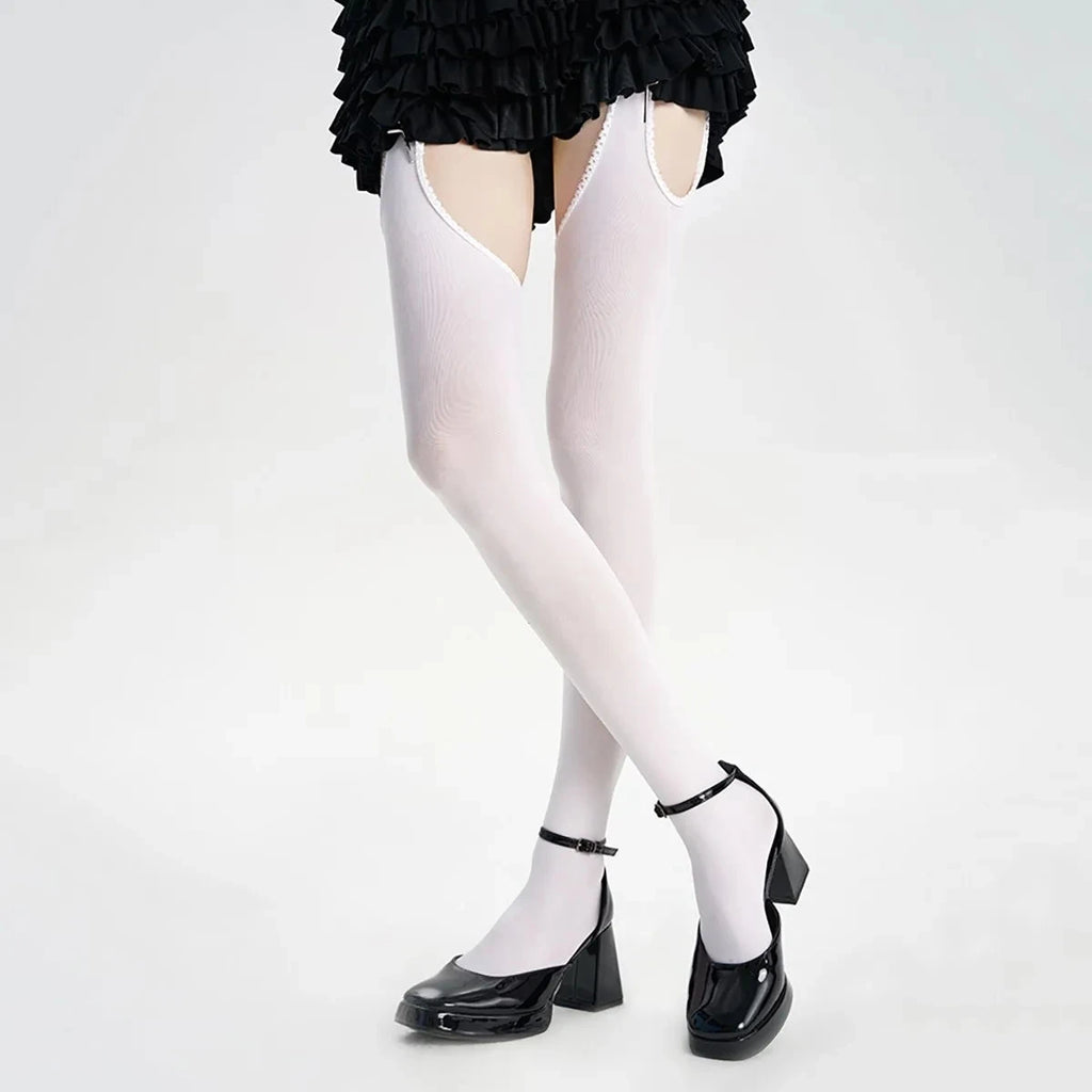 Women Suspender Wide-banded Velvet Tights Lolita Thin Thigh High Stockings with Garters Y2K JK College Style Over The Knee Socks