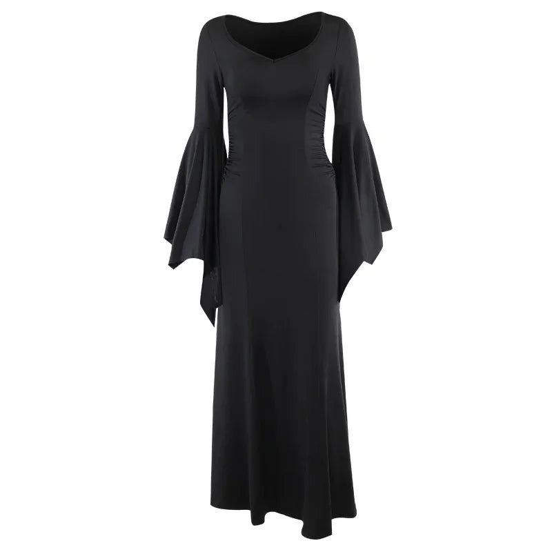 Halloween Gothic Vintage Dress Women Square Neck Patchwork Spider Web Flare Sleeves Cosplay Long Party Dress