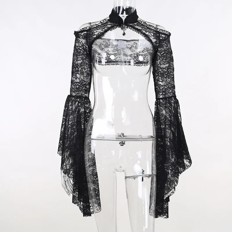 Gothic Classic Lace Cover Ups Women Mesh Crop Top See Through Sexy Flare Sleeve Blouse Y2k Black Rave Outfit Festival