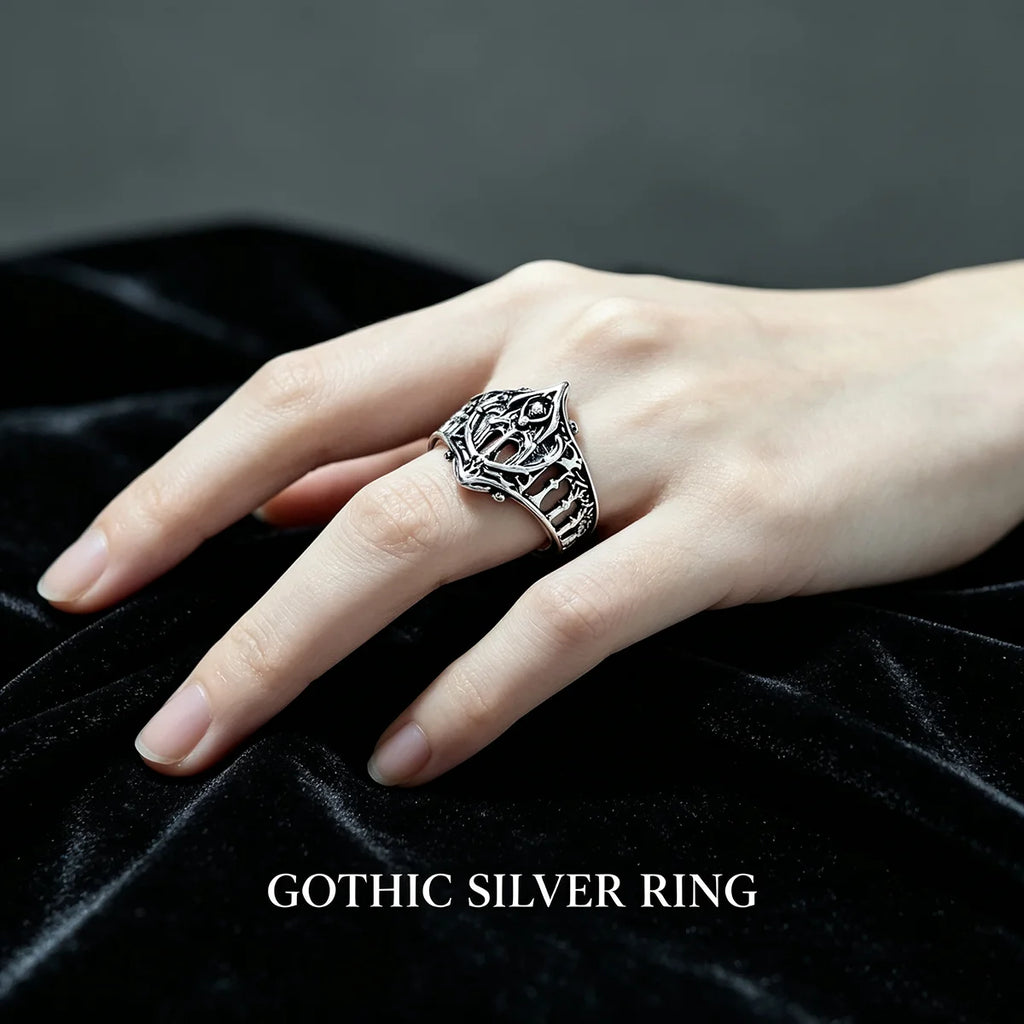 Comfort Fit Gothic Wide Band Ring, Hollow Openwork Carved Punk Biker Rings for Women Men, Retro Hip Hop Statement Jewelry, Lightweight Breathable Pattern Finger Ring Daily Gift