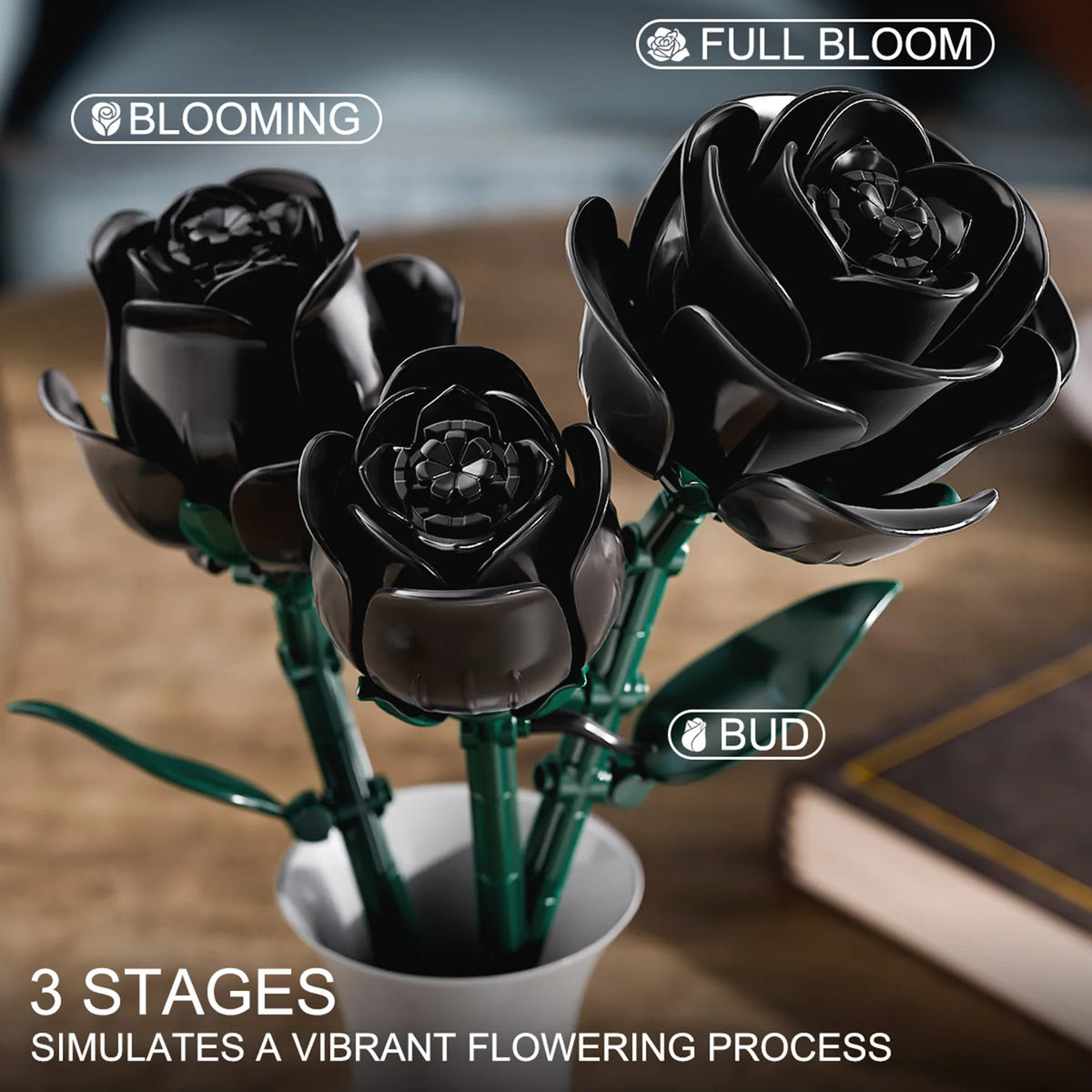 12 Pieces Black Rose Bundle Building Blocks Toys Model Flowers Bricks Toy Sets Desktop Ornament Valentine's Day Christmas Gifts