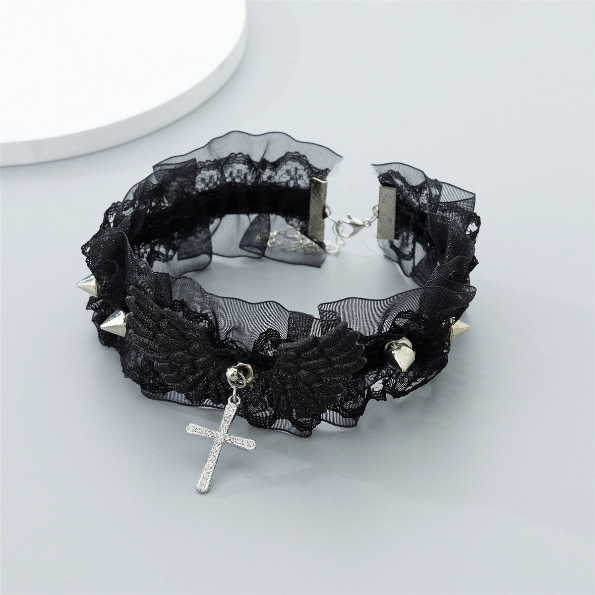 Fashion Solid Color Women Girls Necklace Wide Lace Rivets Lolita Lace Choker Y2K Angel Wings Cool Leather Necklace Daily Wear