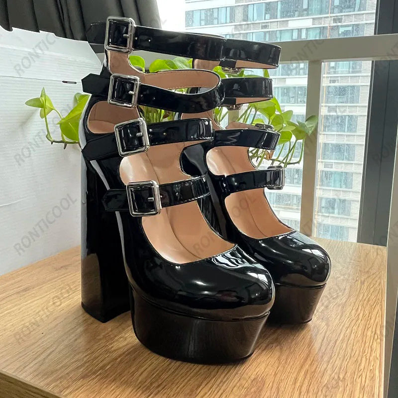 Ronticool Handmade Women Summer Ankle Boots Buckle Strap Chunky Heels Round Toe Elegant Black Party Shoes Plus US Size 5-20