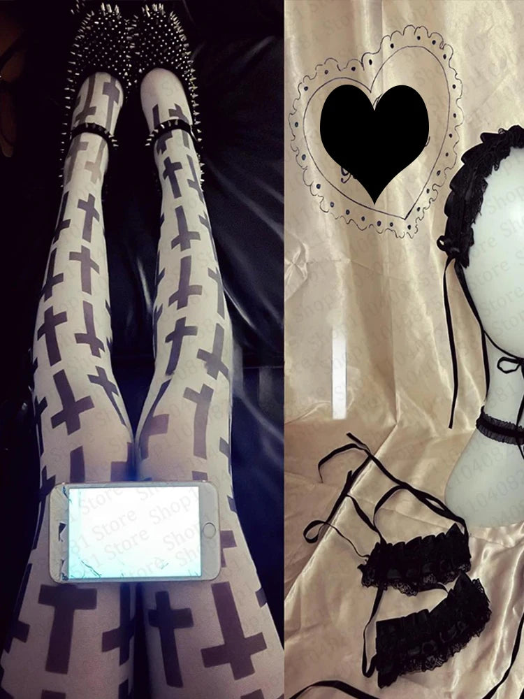 2000s aesthetic punk classic cross print women's jumpsuit sweet Kawaii slim fit Y2K style socks Lolita thigh high socks Emo girl