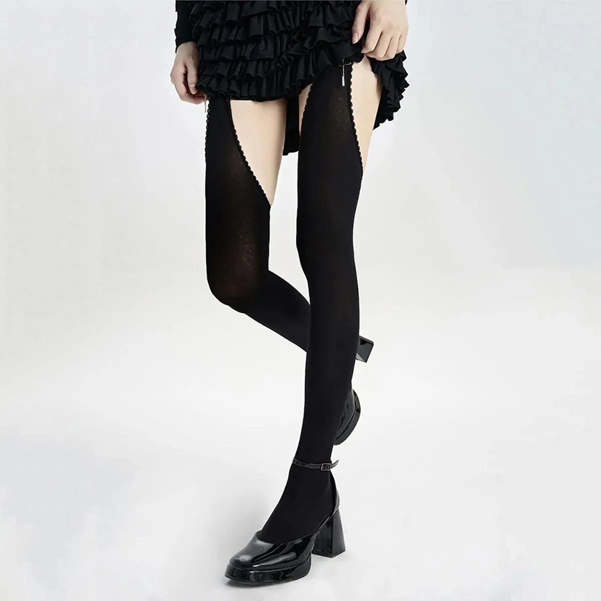 Women Suspender Wide-banded Velvet Tights Lolita Thin Thigh High Stockings with Garters Y2K JK College Style Over The Knee Socks