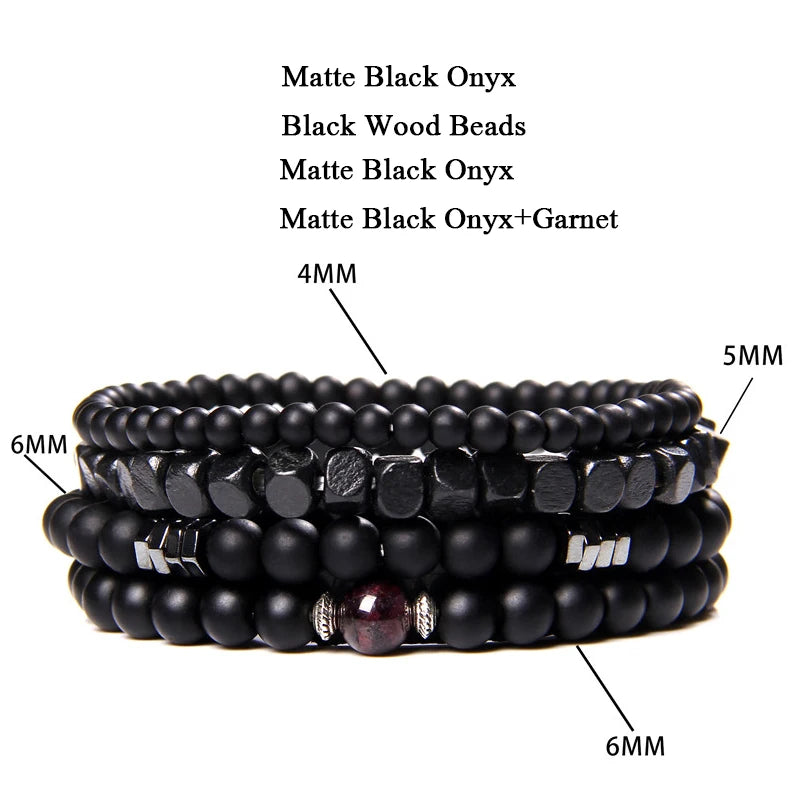 Men Stone Bracelet Set Multi-layer Black Volcanic Wood Beads Elastic Bracelet Viking Homme Pulsera Hombre Hip-Hop Punk Jewelry