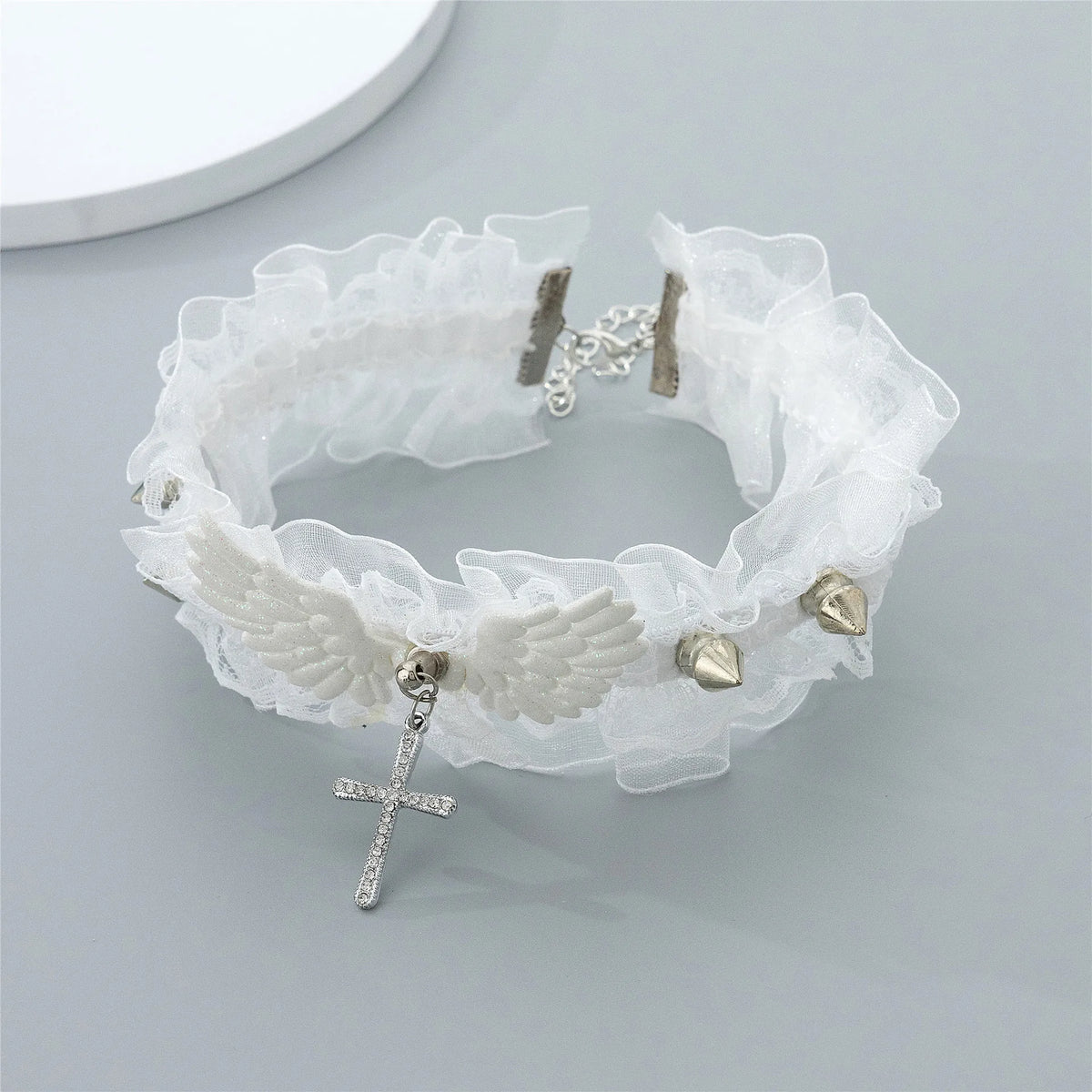 Fashion Solid Color Women Girls Necklace Wide Lace Rivets Lolita Lace Choker Y2K Angel Wings Cool Leather Necklace Daily Wear